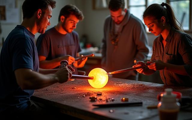 Deltakere jobber med glassblåsing med instruktør under helgekurs