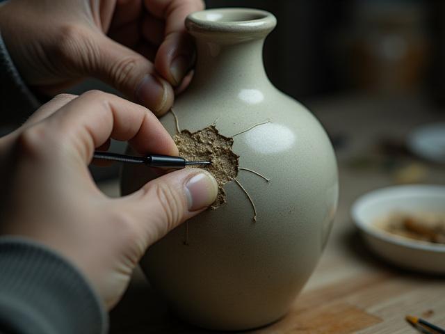 Detalj av restaurering av antikk keramikkvase